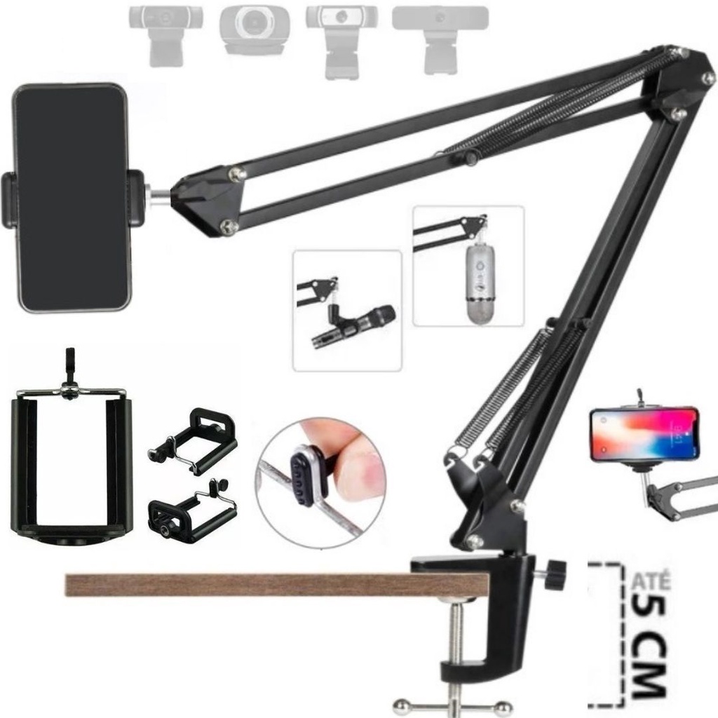 Braço Articulado Suporte De Mesa Universal Para Celular Webcam Camera Luz Microfone