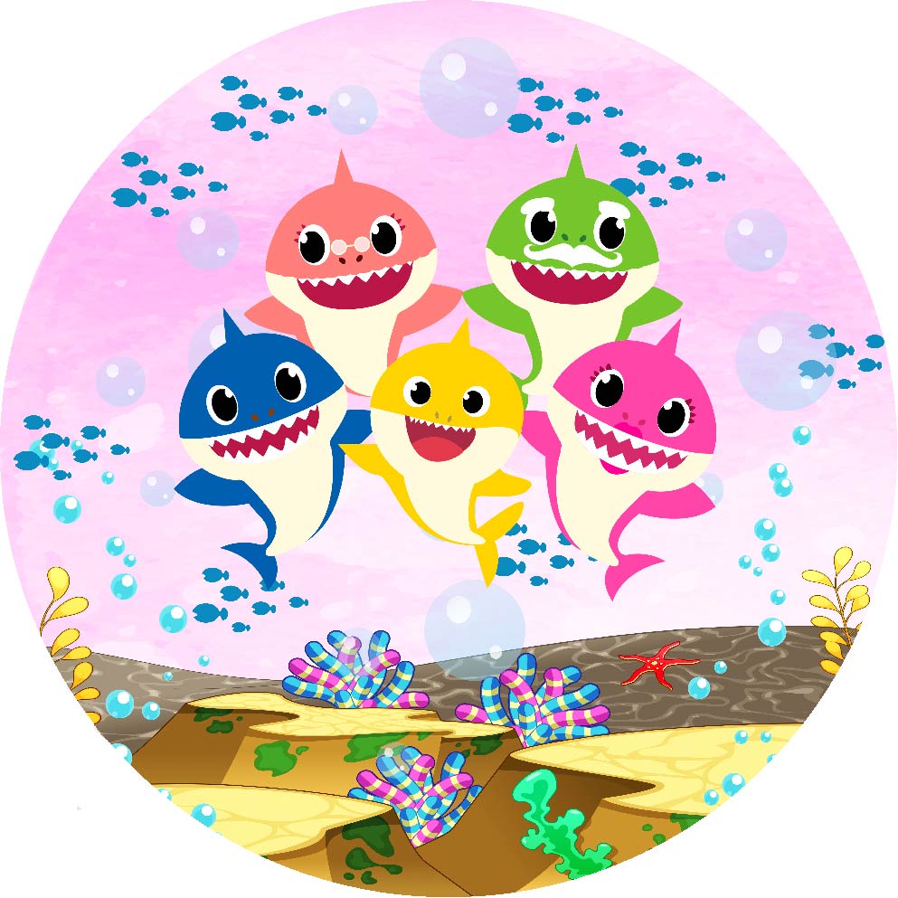 Painel De Festa Redondo Sublimado Em Tecido Tema Baby Shark