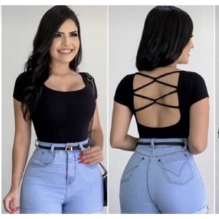Body feminina manga curta consta nua trancados com bojo canelado
