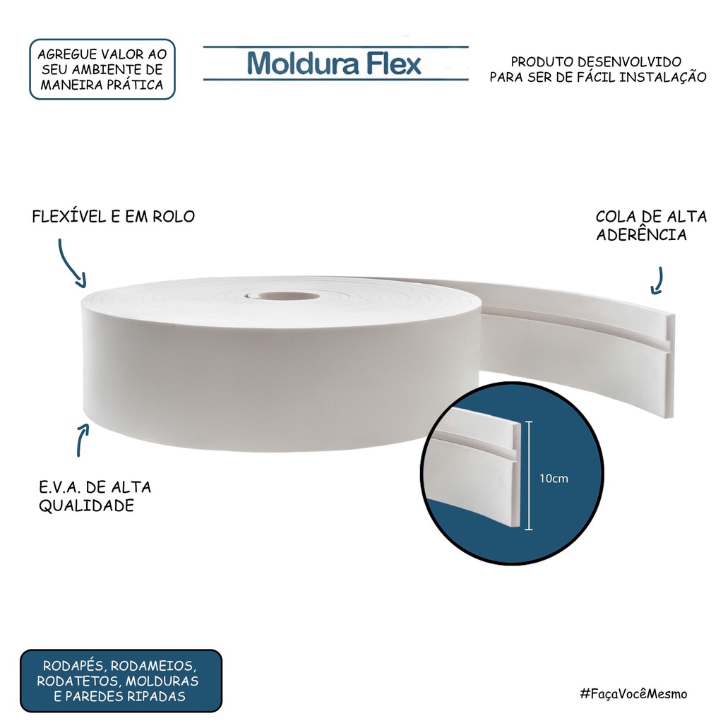 Rodapé Eva Flexível Autoadesivo 10cm x 1cm Lucca 60 Metros