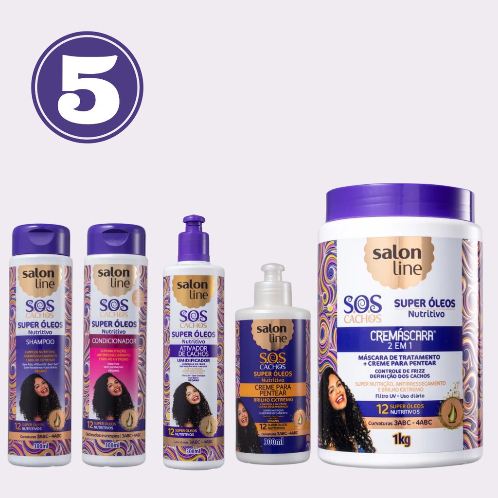 Kit Salon Line 5 Passos Sos Cachos Super Oleos Nutritivo Shampoo Condicionador Creme De Pentear Mascara Ativador De Cachos Beecost