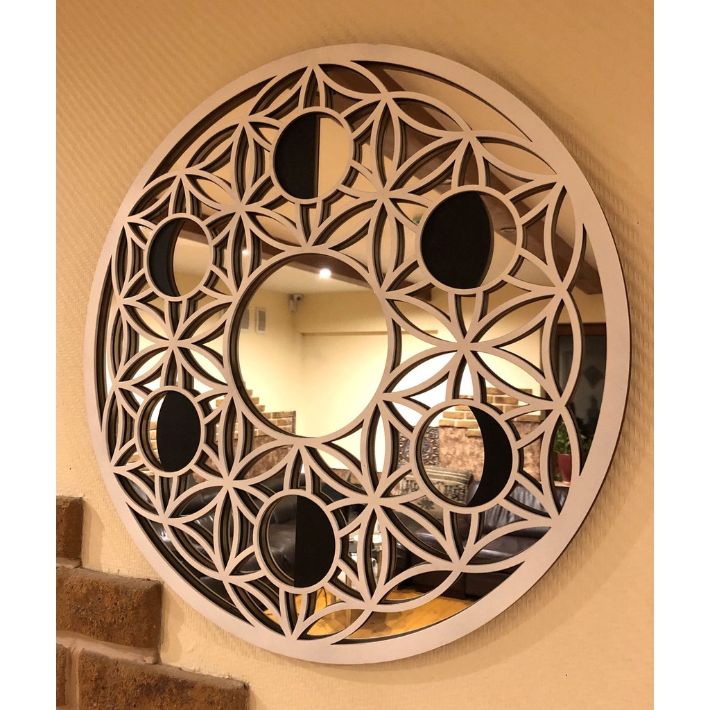 Quadro Decorativo vazado 3D Flor da vida e fases da Lua aplique geometria sagrada painel espelhado