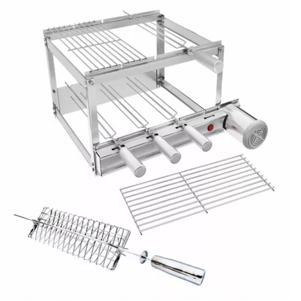 Gira Grill Churrasqueira Inox 4 Espetos motor DIREITO + 3 Grelhas + Brinde