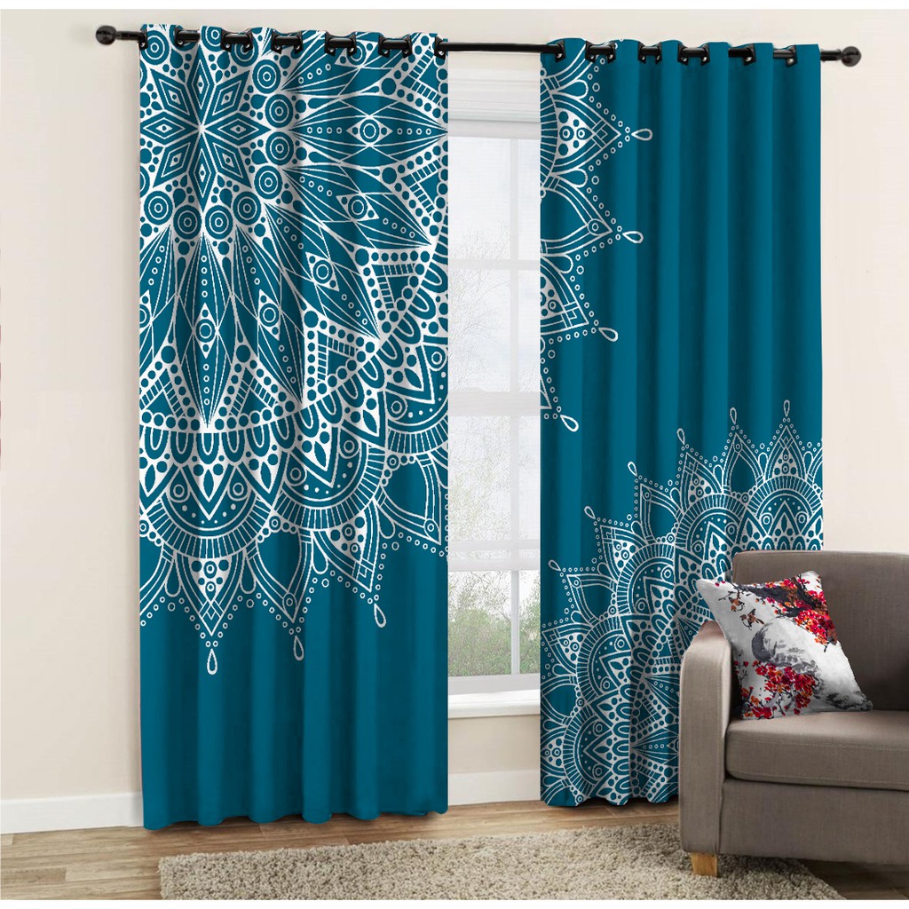 Cortina Synth 2,50x2,90m Mandala Branca e Turquesa