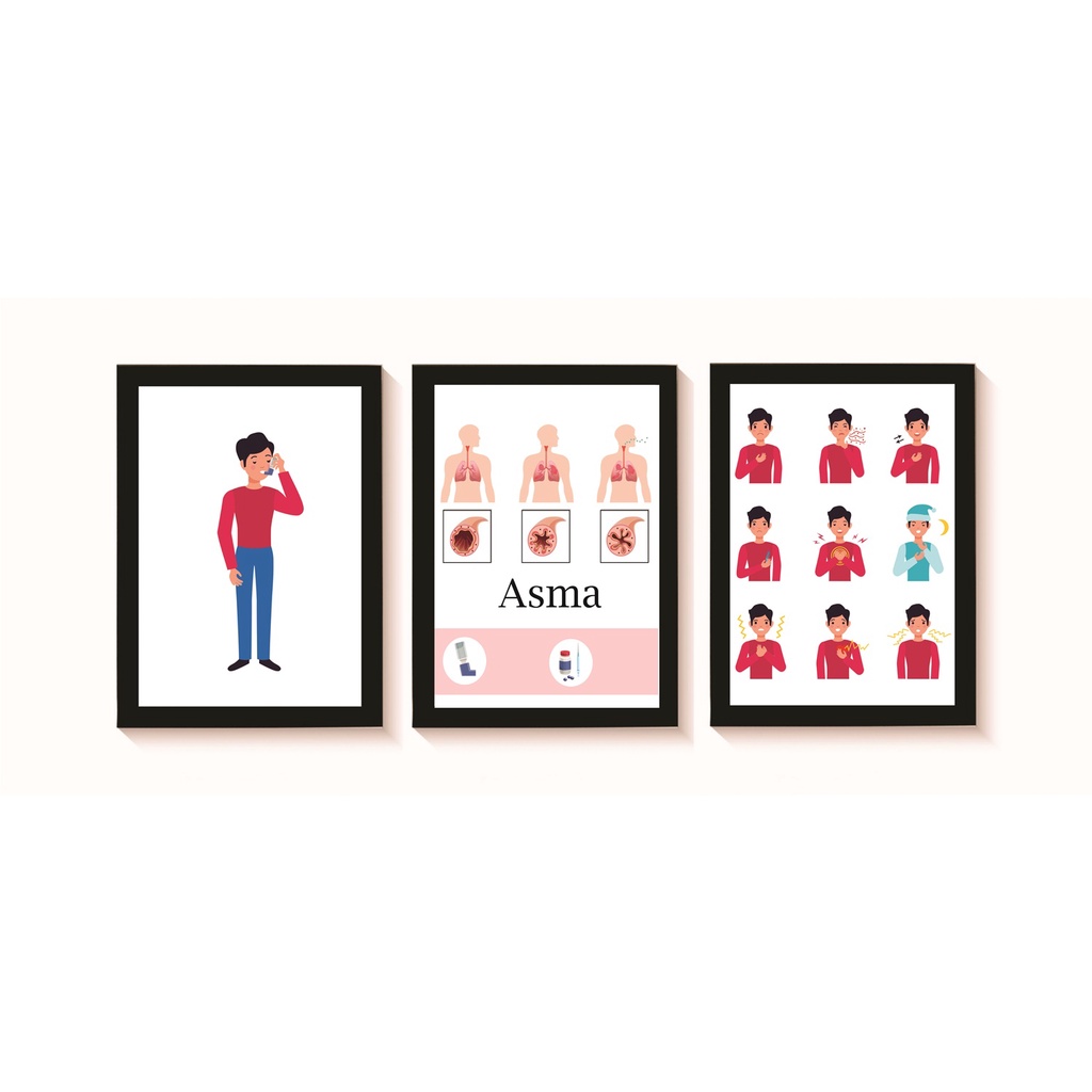 Kit 3 Quadros Decorativos Asma Pneumologia Medicina Molduras 20x30cm Madeira Vidro Preta