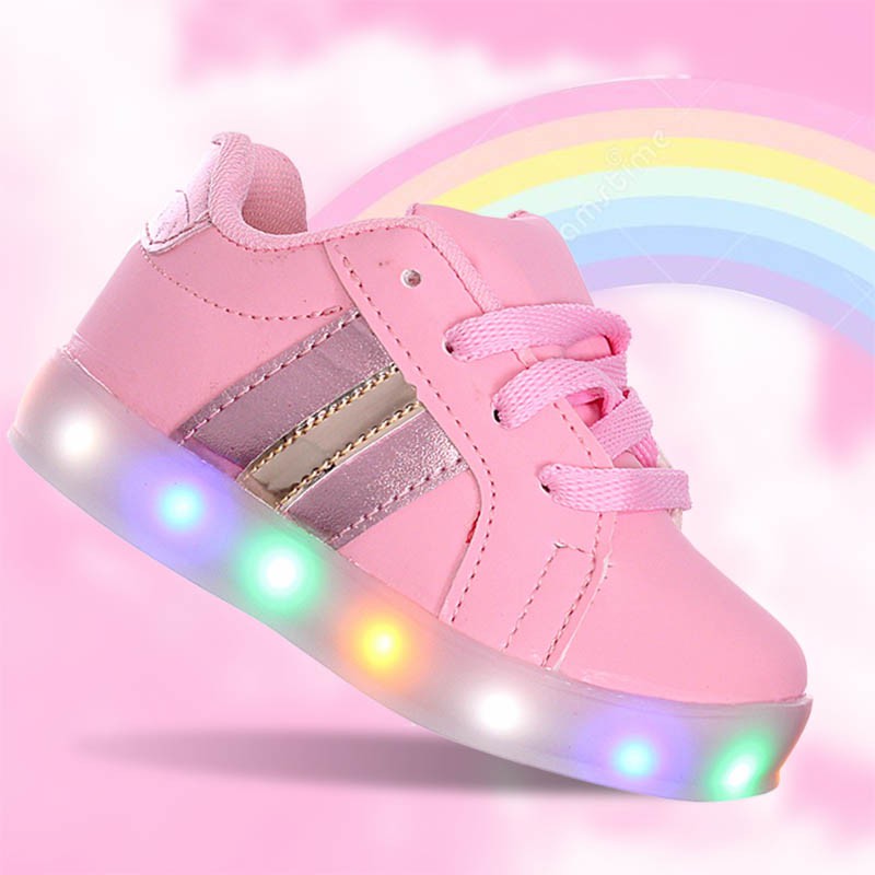 Tenis Infantil para meninas feminino com luz de led que pisca colorida cor rosa com detalhe dourado