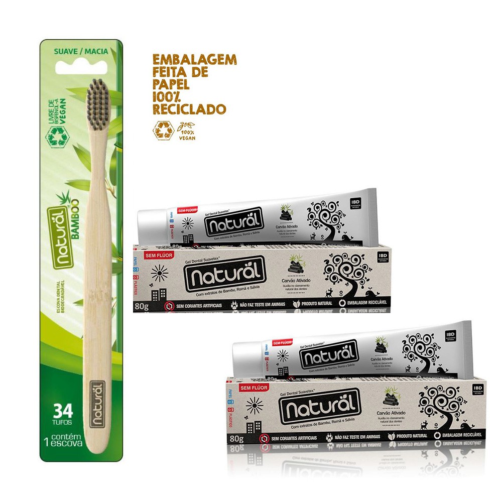 Kit Escova De Bambu + Suporte De Bambu + 2 Creme Dental Vegano sem Flúor Suavetex