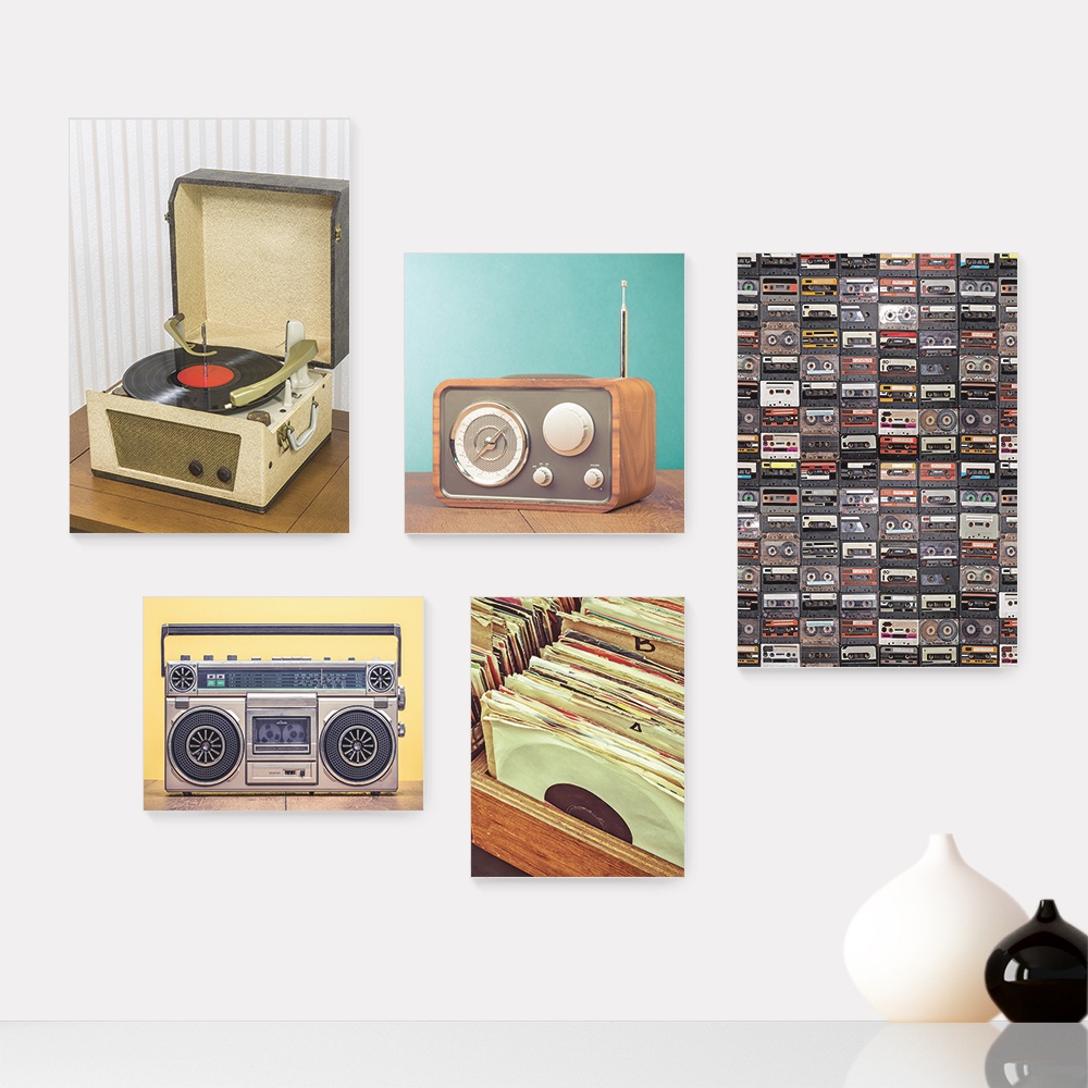 Kit 5 Quadros Decorativos Placas - Rádio - Fita - Vinil - Vitrola - Vintage Casa Quarto Sala - 172ktpl5