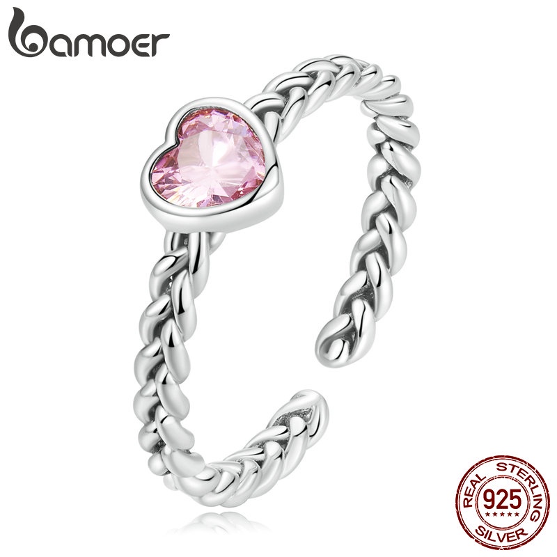 Anel Aberto Bamoer 925 Prata Rosa Coração Trançado Joias Para Mulheres Fashion Acessórios