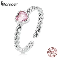 Anel Aberto Bamoer 925 Prata Rosa Coração Trançado Joias Para Mulheres Fashion Acessórios