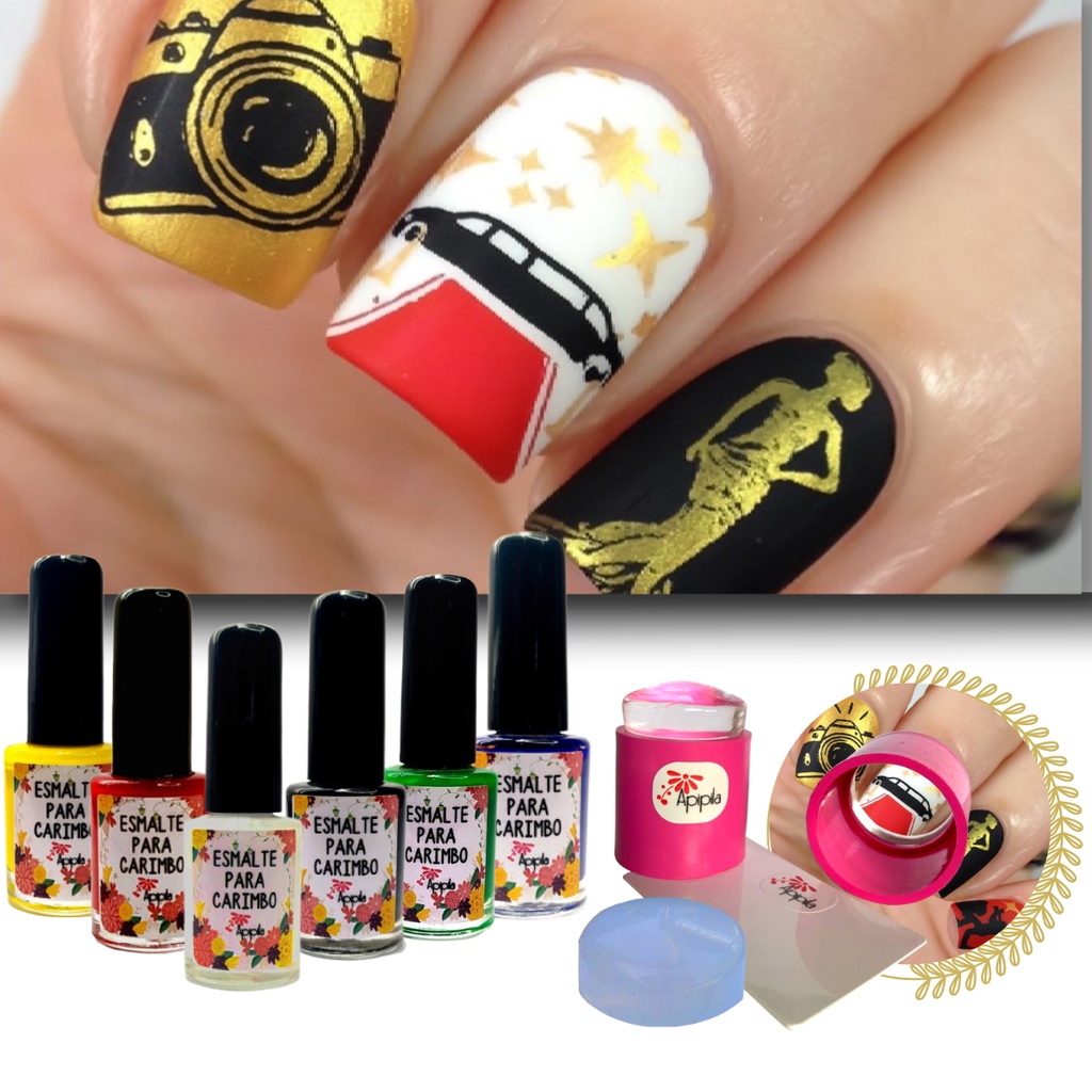Kit Esmaltes Para Carimbo de Unhas Apipila - Com 6 Esmaltes e Carimbo Transparente em Oferta na Shopee