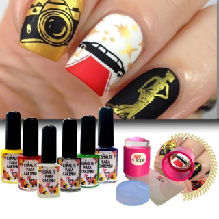 Kit Esmaltes Para Carimbo de Unhas Apipila - Com 6 Esmaltes e Carimbo Transparente em Oferta na Shopee
