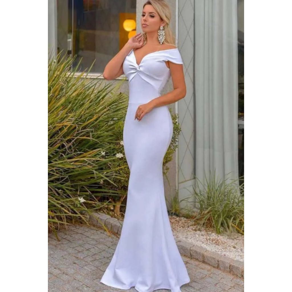 Vestido Longo Branco para Festa, Casamento e Madrinhas modelo Ombro a ...