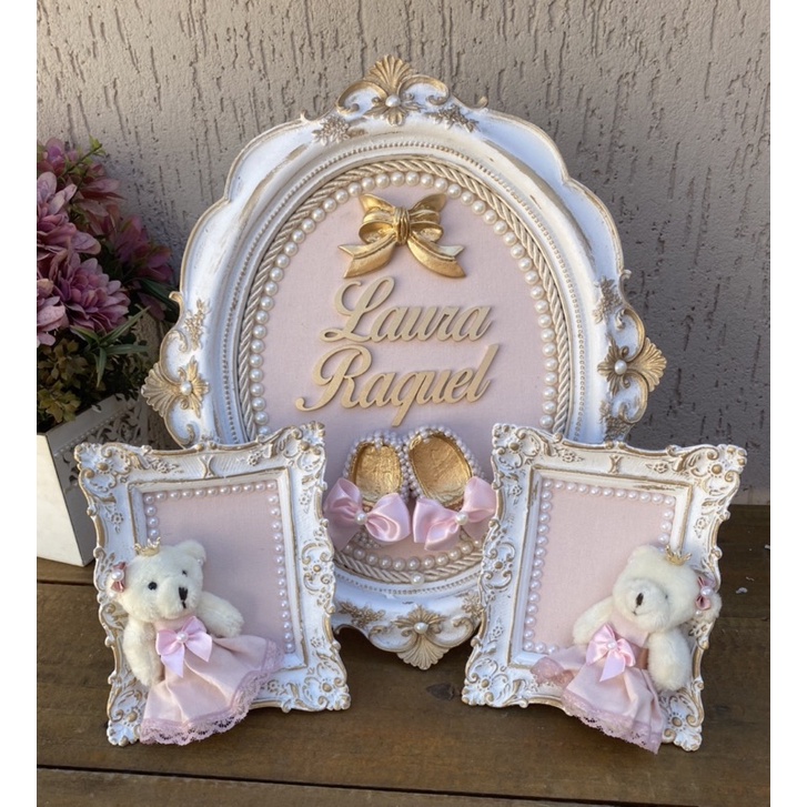 Trio de quadrinhos para quarto do bebê resina com ursinha