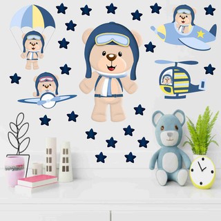 Adesivo Decorativo Infantil Parede Quarto Decoração Urso Ursinho Aviador Estrela Menino