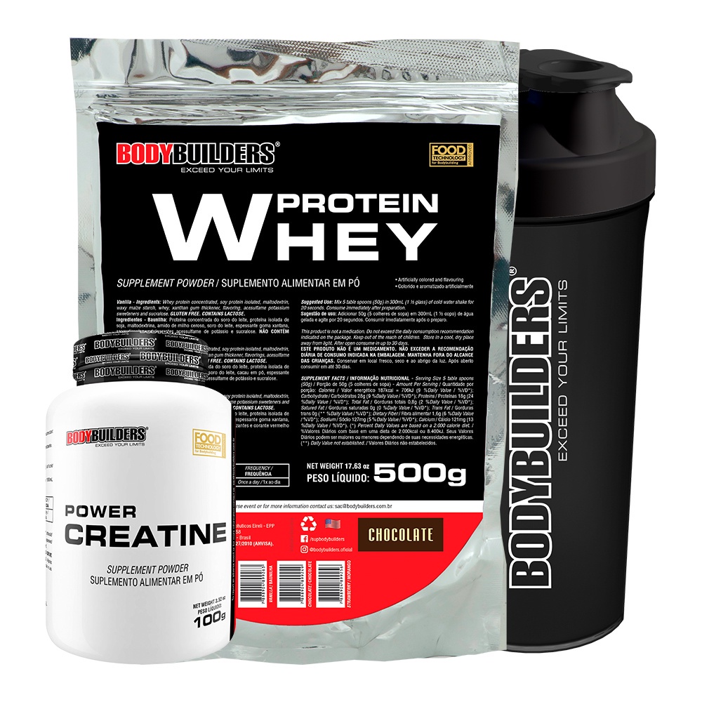 Kit Whey Protein 500g Chocolate, Creatina 100g, Coqueteleira - Bodybuilders