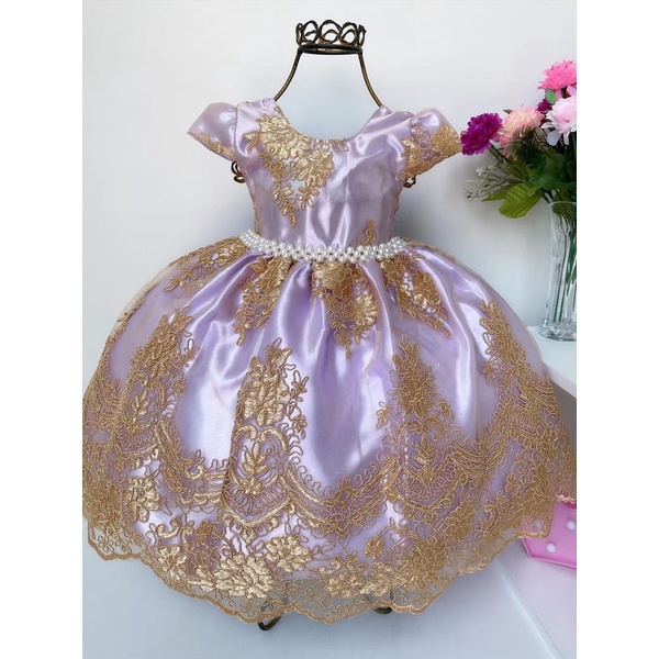 VESTIDO INFANTIL LILÁS COM DOURADO REALEZA, PRINCESA SOFIA, PARA PRINCESAS, CASAMENTOS , FESTAS , FORMATURAS E DAMINHAS