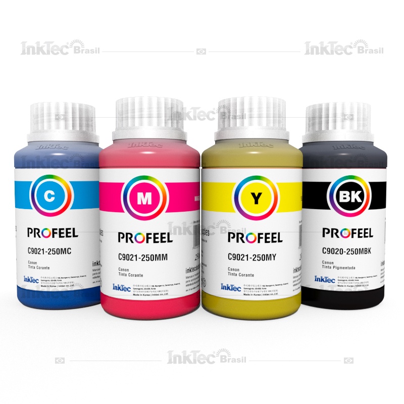 Kit 4x250ml Black Pigmentado+Cores Corante InkTec Profeel C9020/C9021 Compatível Canon Mega Tank G1100 G1110 G2100 G2110 G2160 G3160 G3100 G3110 G3111 G4100 G4110 G4111 G6010 G7010