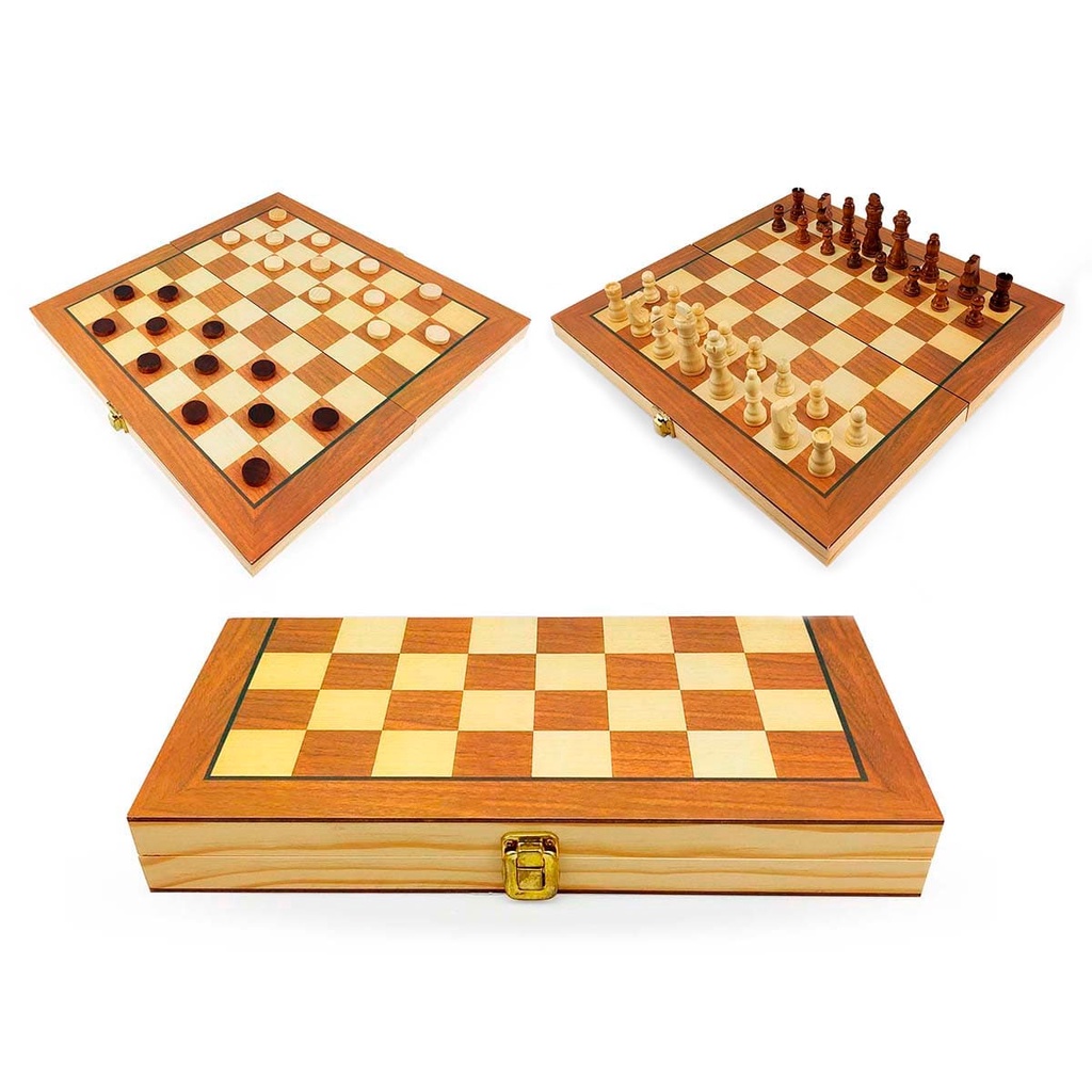 Jogo de Xadrez e Dama Caixa Tabuleiro de Madeira Dobrável 2 em 1 Grande 37,5x38,5cm Hoyle Games