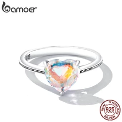 Bamoer 925 Prata Colorido Diamante Coração Padrão Anel Moda Joias Para Meninas Presente
