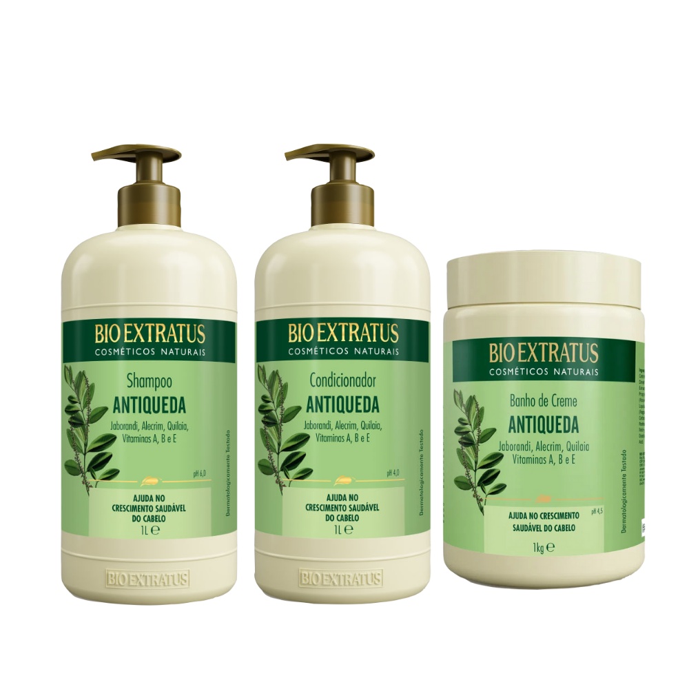 Kit Jaborandi Shampoo, Condicionador, Banho de Creme Jaborandi Bio Extratus - 1L Antiqueda e Crescimento