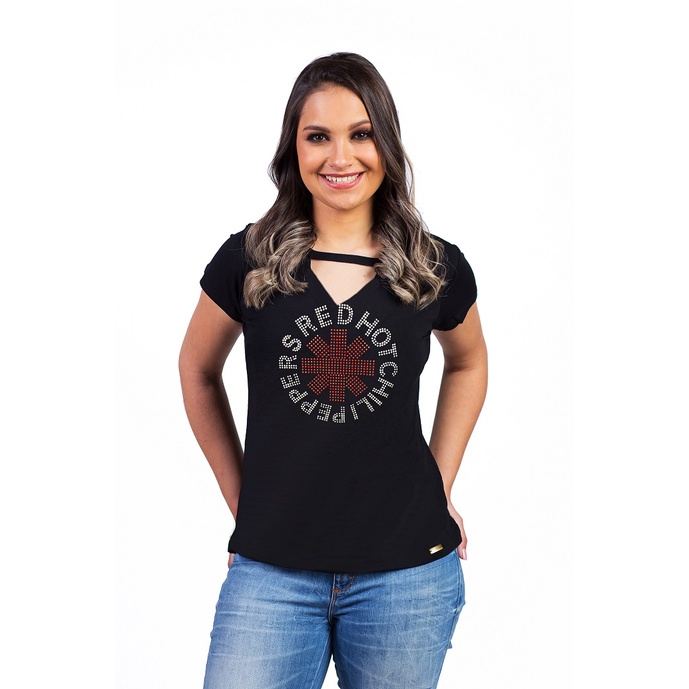 Camiseta T-shirt Feminina Banda Red Hot Chili Peppers Strass Blusinha Viscolycra Confort Moda Promoção