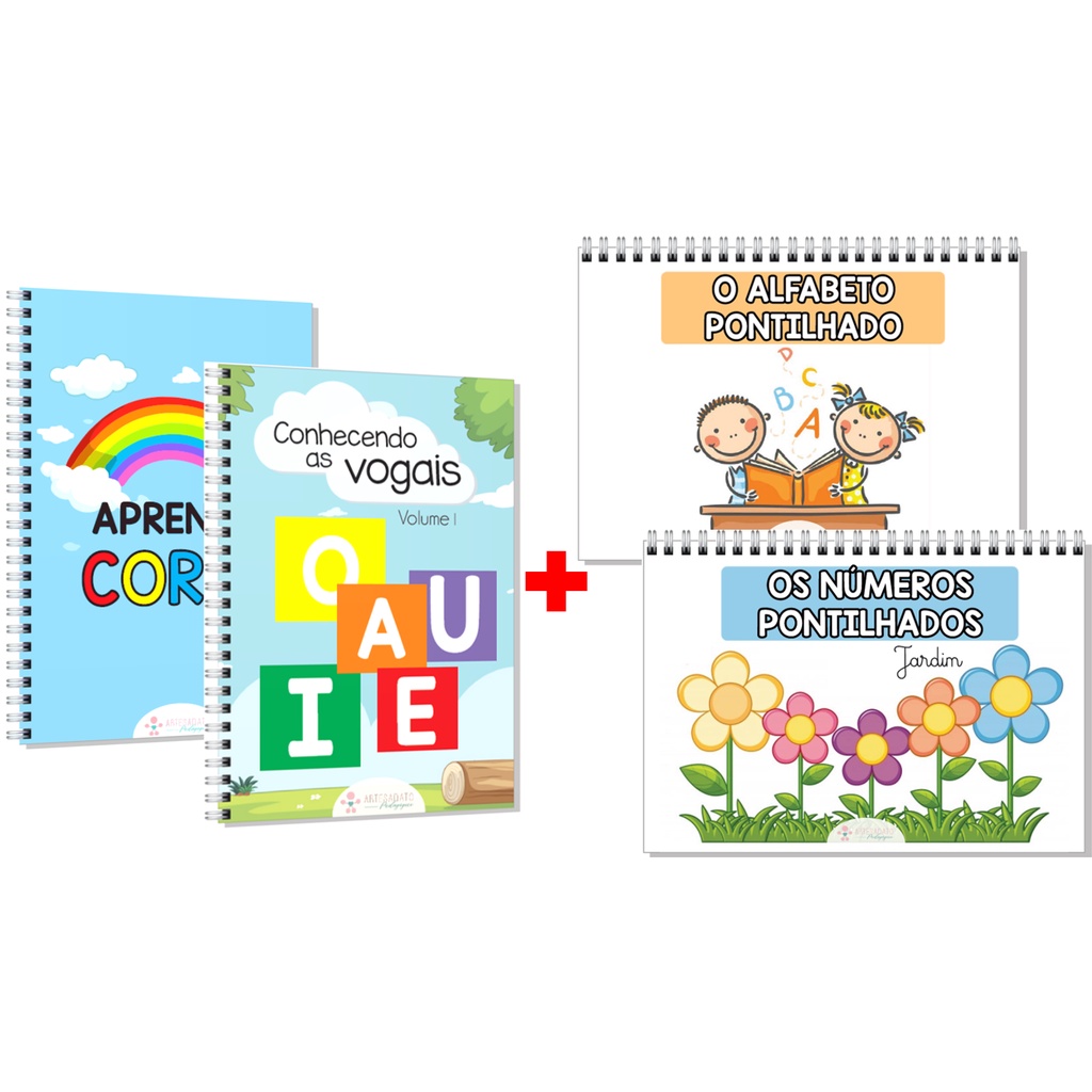 Kit 04 livros de atividades mais vendidos - Vogais, Alfabeto, Números e Cores em espiral pequena em Oferta na Shopee