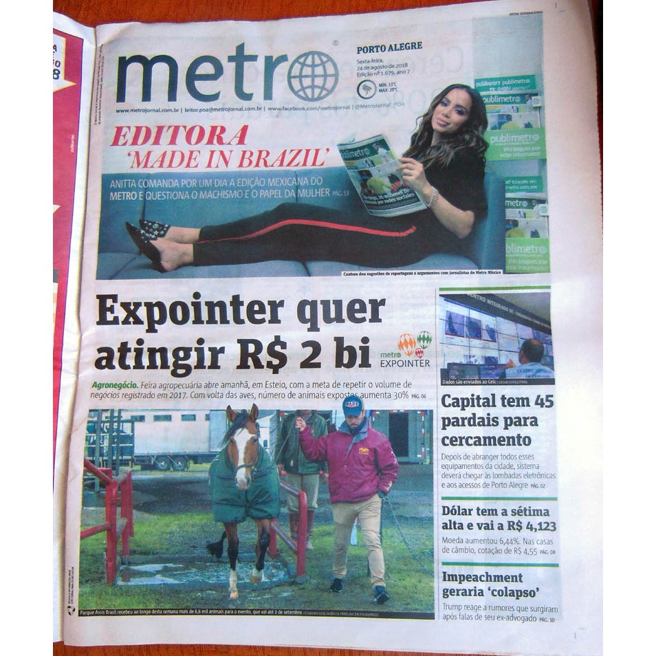 Jornal Metro Porto Alegre - Anitta Na Capa - 24 Agosto 2018