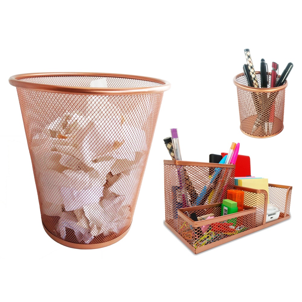 Kit Organizador, Porta Caneta e Lixeira Rose Gold Escritório