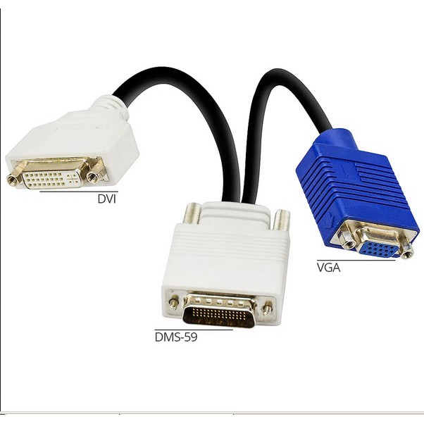Cabo Adaptador de Vídeo DMS59 x 1 DVI + 1 VGA. Conectores: 1 x DMS59 Macho + 1 x DVI Fêmea + 1 VGA Fêmea.