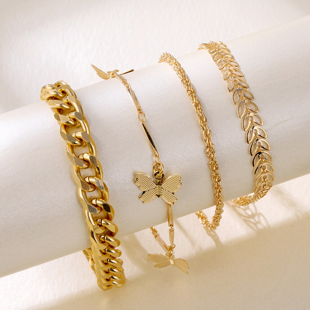 4 Pçs Nova Moda Borboleta Corrente Multi-Camada Pulseira Conjunto Feminino Charme Presente Do Feriado Jóias