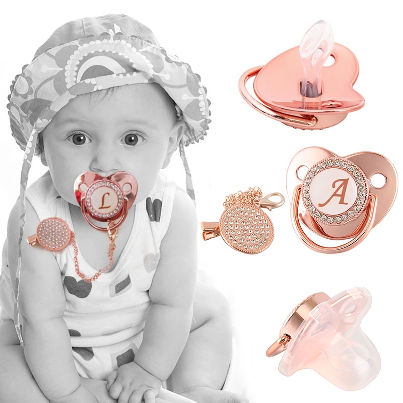 Nome Letras Iniciais Chupeta Bebê De Silicone Rosa De Ouro Que Bling Infantil Bico BPA Livre em Oferta na Shopee
