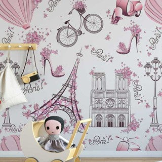 Papel de Parede Infantil Paris fundo rosa claro Flores e torre Eiffel 3 Metros em Oferta na Shopee