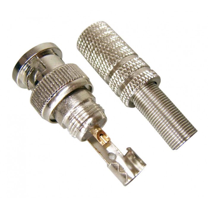 Conector BNC Macho para Solda ou Parafuso. Conector em metal e capa de proteção em plástico. Plug BNC Macho. Possui capa de proteção para o cabo.