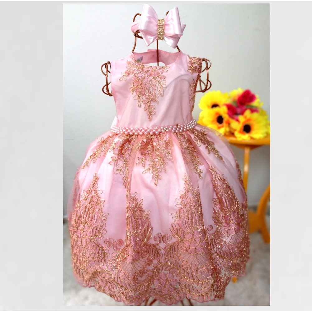 Vestido Daminha Rosé com Bordado dourado Vestido Casamento Vestido Realeza Dourado