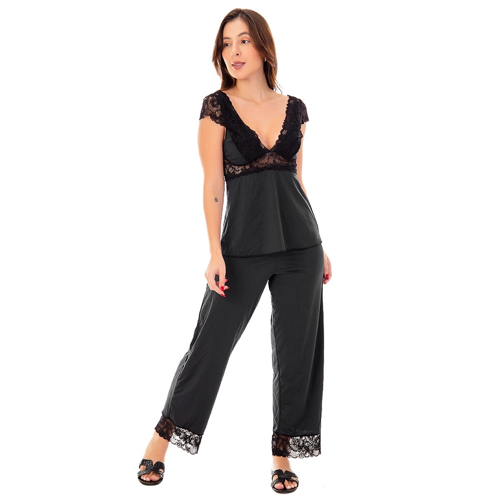 Pijama Feminino Manga Curta Renda Sem Bojo Calça Estampa Lisa Confortável Elegante Lingeri...