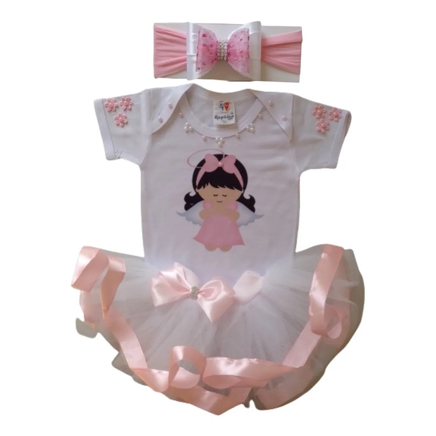 Conjunto Anjinha Bebê Menina Roupa Infantil Batizado C/ Body