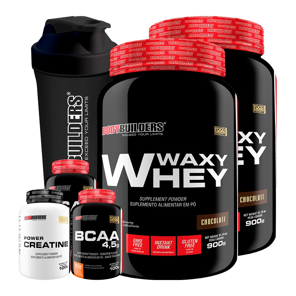 Kit 2x Waxy Whey 900g, 2x BCAA 4,5 100g, Creatina 100g, Coqueteleira - Bodybuilders