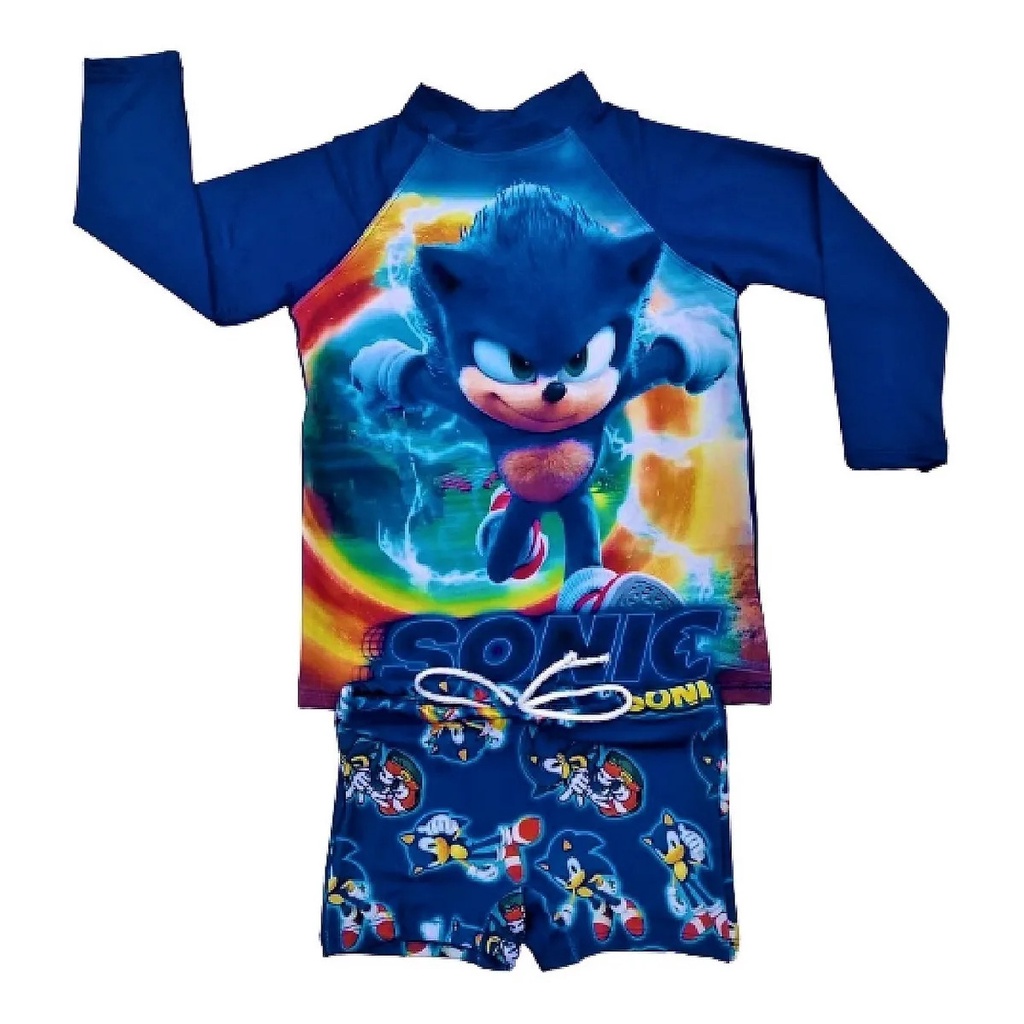 Blusa e sunga Térmica Sonic Infantil Moda Praia Com Proteção Uv fator 50 menino verão praia