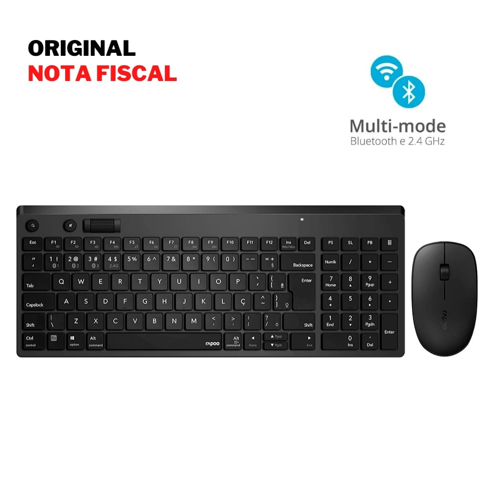 Teclado e Mouse Combo Sem Fio Conexão Bluetooth + Wireless 2.4GHz Rapoo 8050T RA003 Garantia 5 anos