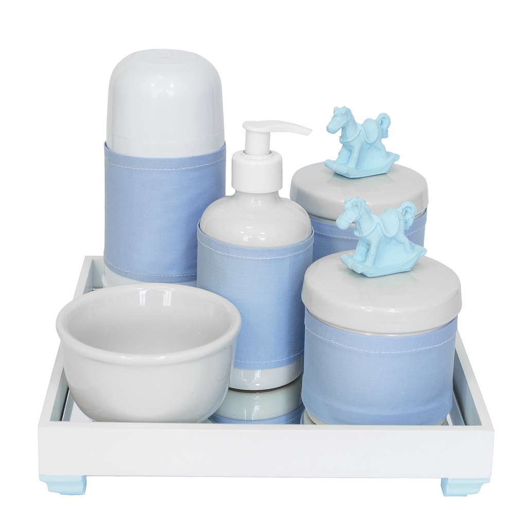 Kit Higiene Porcelana Térmica Bandeja Espelho Cavalinho Azul