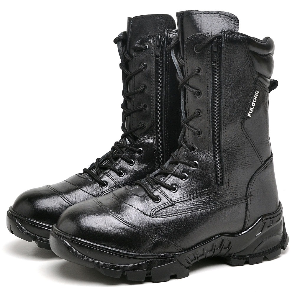BOTA COTURNO MILITAR TATICO OFICIAL EM COURO PRETO 2 ZÍPERES REF 511