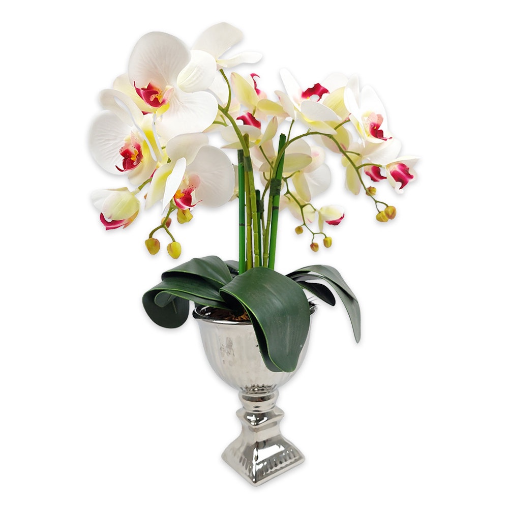 Arranjo de 4 Orquídeas Branco com Miolo Rosa com vaso prateado Artificial |  Shopee Brasil