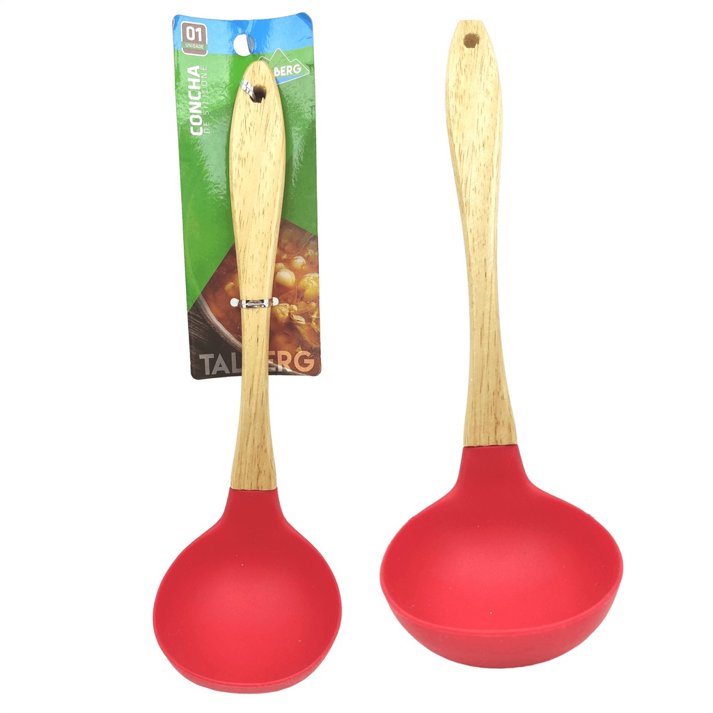 Concha de Silicone Cabo de Madeira Utensílio de Cozinha Feijão Sopa Caldos Ensopado Vermelho