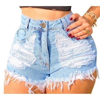 Short Jeans Claro Bermuda Feminino Cintura Alta Destroyed Hot Pants