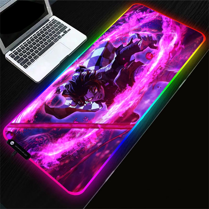 Luz LED Demon Slayer Mouse Pad Anime 90x40 Cm Backlight Tampa Do Teclado Mesa Computador Mause Gaming RGB Tapete XXL