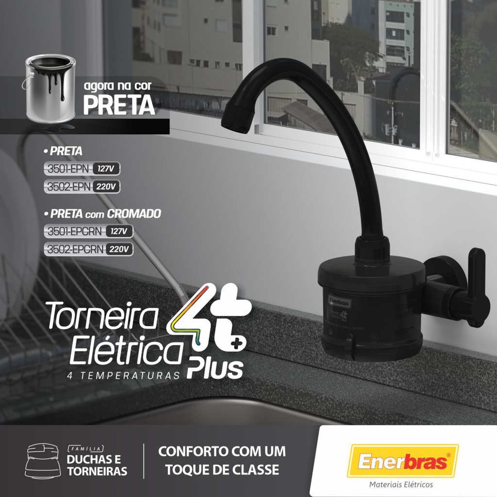 Torneira Elétrica De Parede 4T Plus Economica Preta Enerbras
