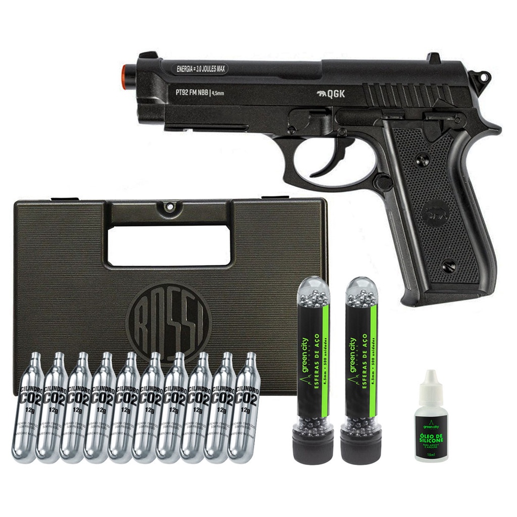 Pistola Pressão Co2 4.5mm PT92 Full Metal 450fps com Case Maleta , 1000 Esferas Aço , 10 Cilindros Co2 e Óleo