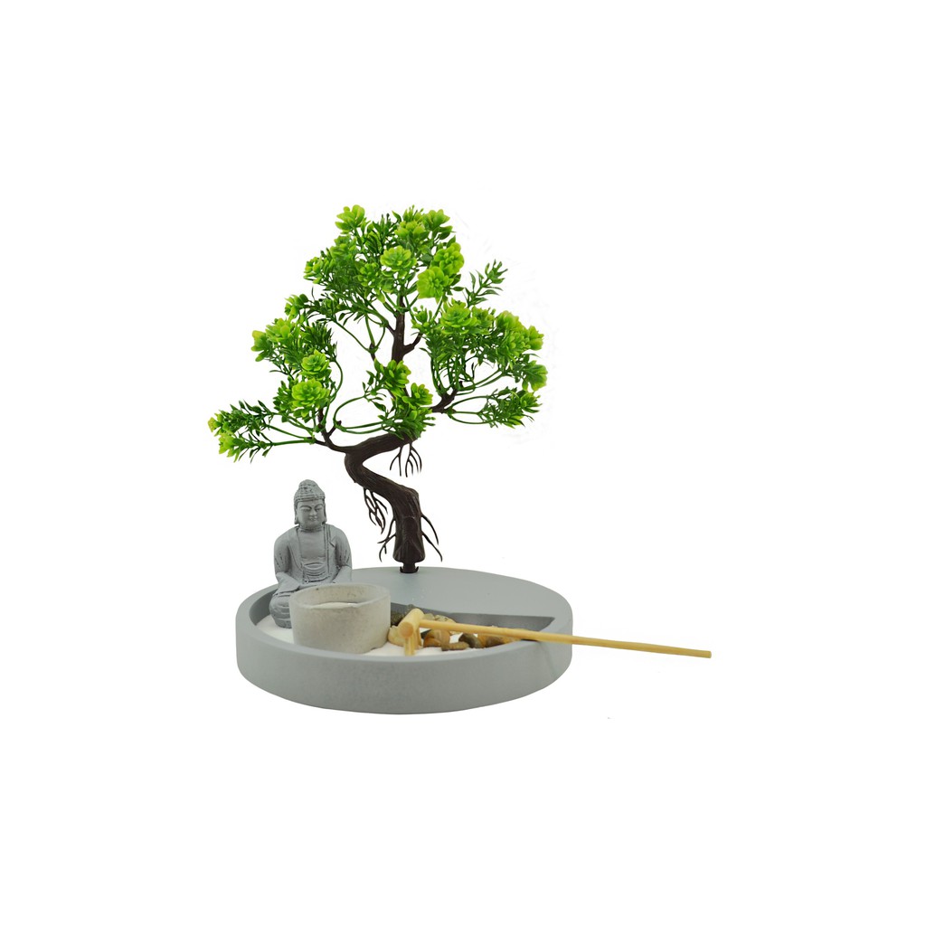 Kit Jardim Zen com Buda e Árvore Altar com Buda Hindu + Porta Vela Rexchaud e Pedras Yoga Nirvana Enfeite Decorativo