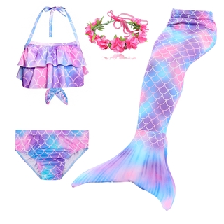 Kids 4PCS Swimmable Mermaid Tails Shell Top  Bikini Sets Swimwear